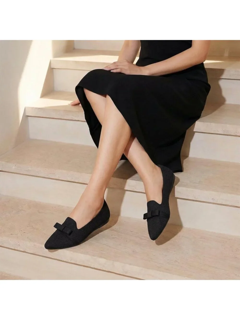 Women's Black Comfortable Knit Casual Pointed Toe Ballet Flats with Bow Shoes